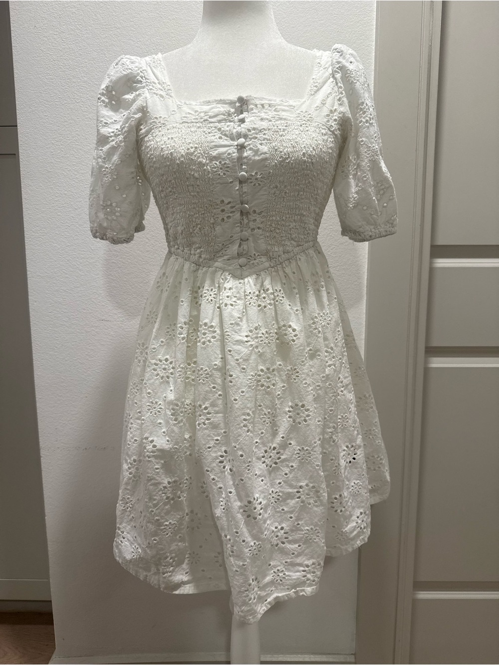 Rock & Roll Denim White Eyelet Smocked Puff Sleeve Mini Dress Small